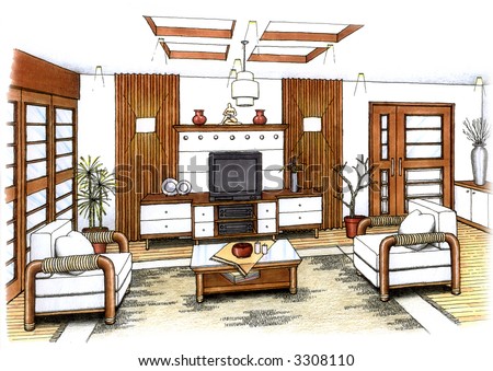 An artist\'s simple sketch of an interior design of a living room (design and sketch by submitter)