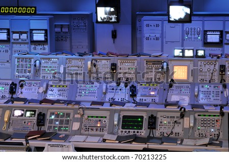 CAPE CANAVERAL, FL- JANUARY 2: The NASA\'s Control Station displaying control panels, countdown clocks and communication devices at Kennedy Space Center in Florida USA on January 2, 2011.