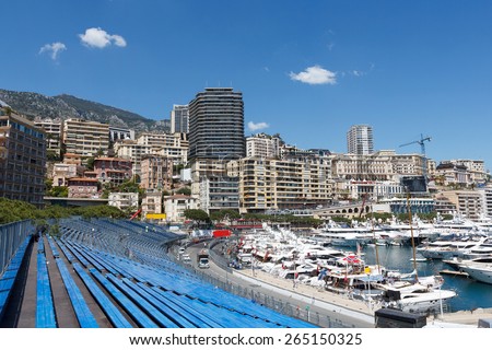 Monaco. Empty tribunes awaits the spectators before the Formula 1  Monaco GP