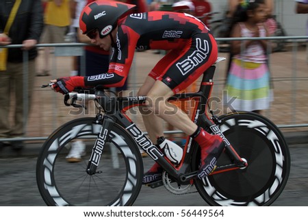 ROTTERDAM, THE NETHERLANDS - JULY 3: Brent Bookwalter on his way to an eleventh position in the 2010 Tour de France prologue time trial. July 3, 2010 in Rotterdam, The Netherlands