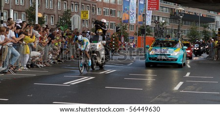 ROTTERDAM, THE NETHERLANDS - JULY 3: Alberto Contador Velasco on his way to a sixth position in the 2010 Tour de France prologue time trial. July 3, 2010 in Rotterdam, The Netherlands