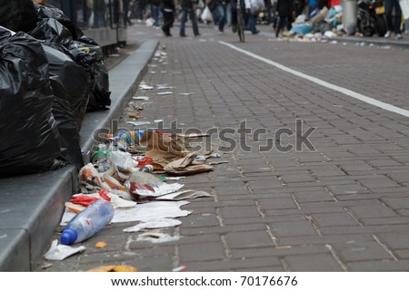 AMSTERDAM, THE NETHERLANDS - MAY 15: Garbage piled up during the week long workers strike that ended today. May 15, 2010, in Amsterdam, The Natherlands