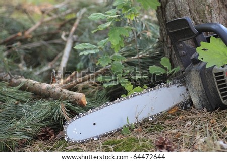 Chain saw against firewood pile.