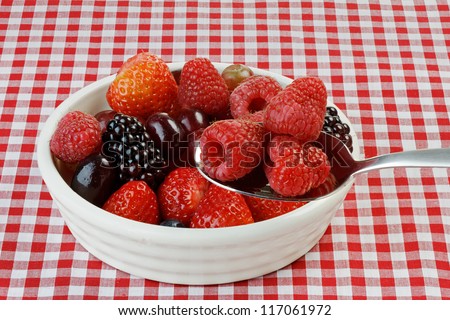 Bowl of berries on a Gingham tablecloth with raspberries in a spoon. Extended depth of field