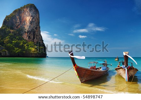 stock photo : Tropical beach, traditional long tail boats, Andaman Sea, Thailand