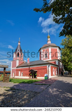 SUZDAL, RUSSIA - SEPTEMBER 08, 2014: Temple of the Assumption of the Blessed Virgin Mary in Suzdal. Church of the Assumption refers to a rare in Suzdal Naryshkin baroque style.