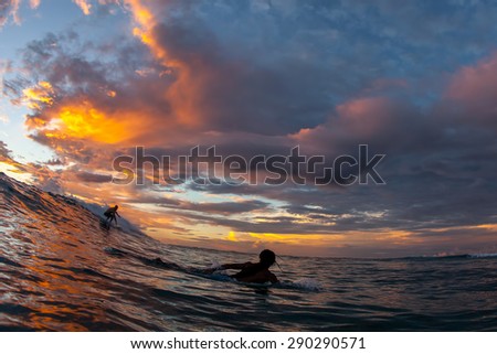 Young people are surfing in the ocean on the island of Mauritius in the background of fantastic colorful sunset