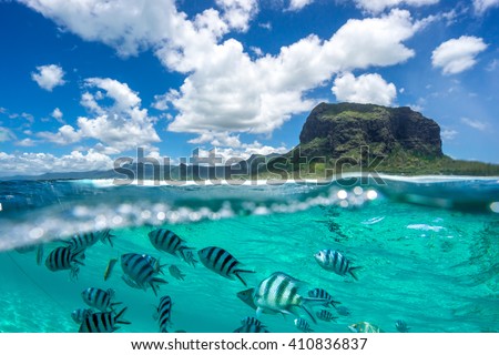 Image of a beautiful mountain and clouds from the ocean.Ã?? The lower part of the picture - the underwater world with fishes
