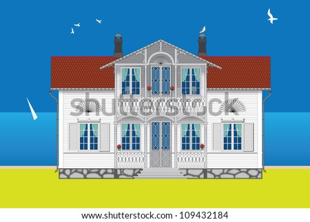 Facade Of The White Two-Story Wooden House Stock Vector 109432184 ...