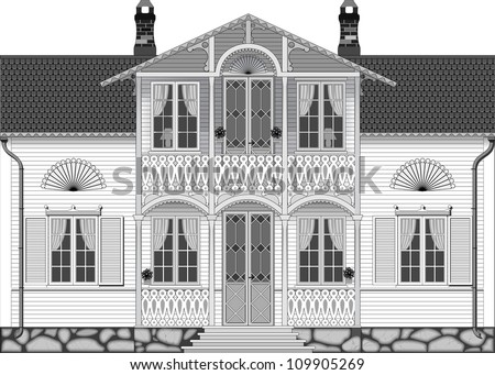 Facade Of The White Two-Story Wooden House Stock Vector 109905269 ...