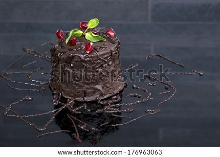 Chocolate cake with pomegranate seeds and mint / Chocolate cake ready / Mini chocolate cake with mint leafs and pomegranate seeds ready to serve