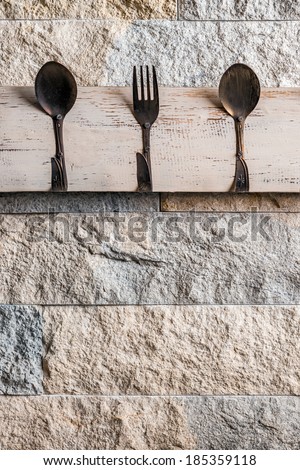 Kitchen stone wall with fork and spoons hanger/Kitchen hanger - vintage/Kitchen tools hanger on stone wall