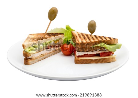 Club sandwich on  a plate isolated in on white/Club sandwich isolated/Club sandwich with olives