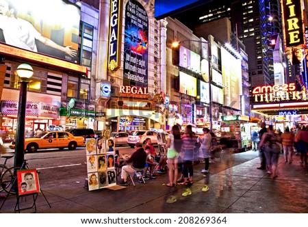 NEW YORK CITY - JUNE 28, 2014: Times Square, famous tourist attraction featured with Broadway Theaters and famous restaurant and store locations in New York City, June 28, 2014