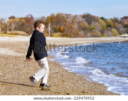 boy throwing stones in the water at the beach