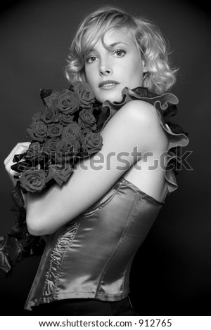 blonde woman in a corset and with roses, in it is black a white variant