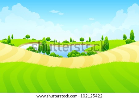 Green landscape with lake trees and fields