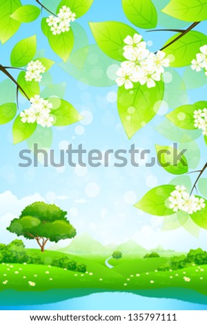 Green Landscape with Tree Branch, Lake, Trees and Flowers