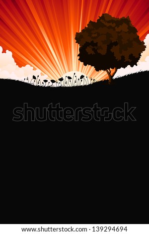 Nature sunrize landscape with tree and flowers for Your design. Vertical orientation