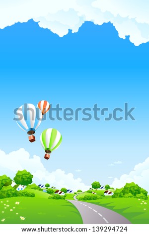 Summer Landscape with blue sky trees flowers small village clouds and balloons