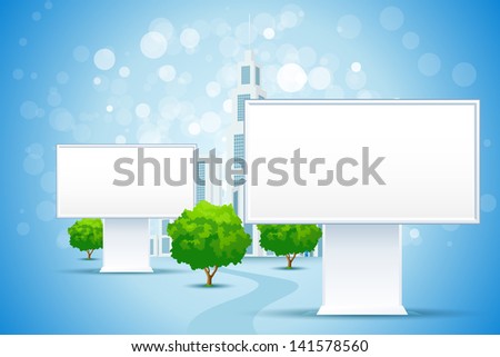 Blue Business Background with City and Blank Billboard Signs