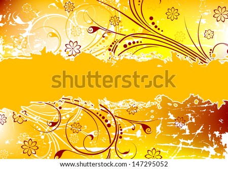 Abstract grunge painted background with floral scrolls