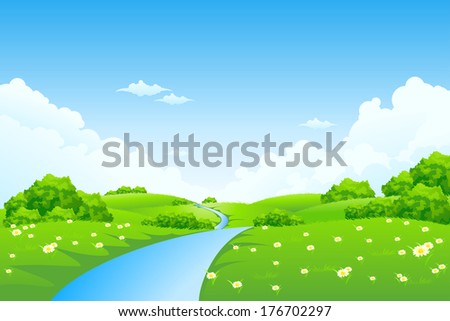Green Landscape With Trees, Clouds, Flowers And River