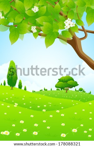 Green Landscape with Tree Branch, Trees and Flowers