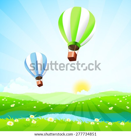 Green Landscape with Lake and Hot Air Balloons