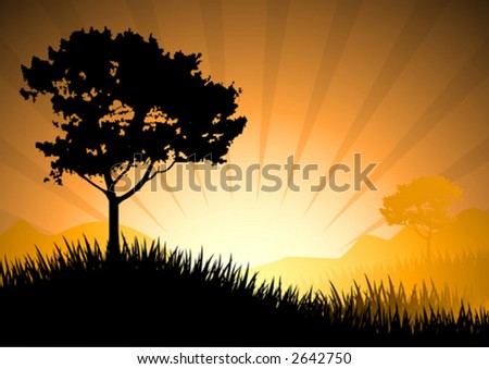 amazing natural sunset landscape with tree silhouette, vector illustration