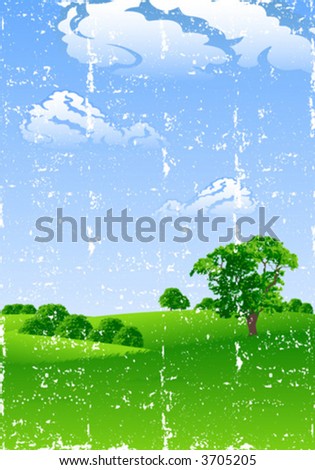 Grunge summer landscape with trees and flowers vector illustration