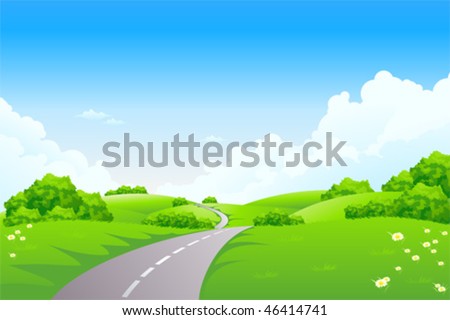 Green landscape with road trees and clouds