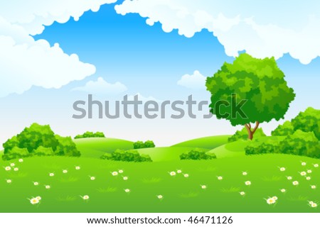 Green landscape with road trees and clouds