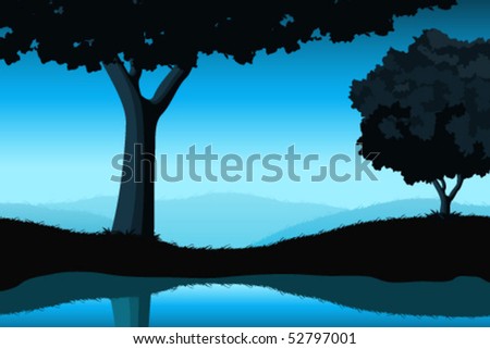Majestic landscape with tree and lake in blue color