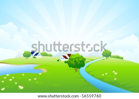 Green landscape with tree lake river house mountains clouds and rays