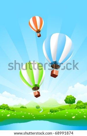 Green Landscape with Balloons clouds and lake