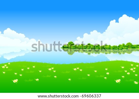 Fresh Landscape with clouds trees and lake