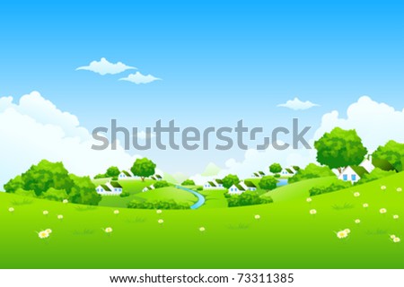 Green Landscape with houses clouds flowers and trees
