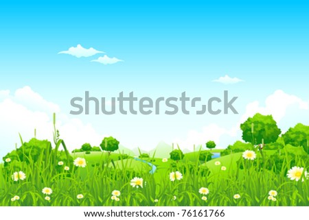 Green Landscape with trees clouds flowers and mountains
