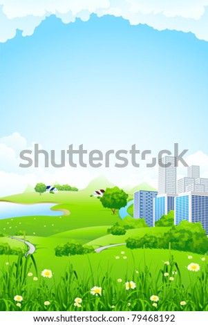 Green landscape with flowers grass lake and city