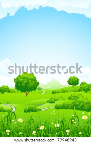 Green Landscape with trees clouds flowers and mountains