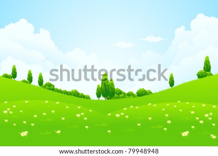 Green Landscape with trees clouds flowers and hills