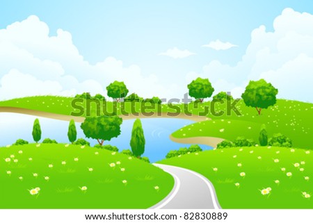 Green Landscape with lake tree road and flowers for your design