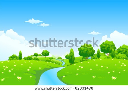 Green Landscape with river trees and flowers for your design