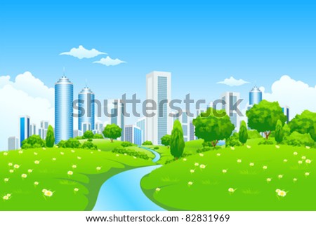 Green landscape with trees river and city for your design