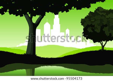 Night Landscape with lake trees and city silhouette in green color
