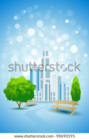 Blue Background with City Landscape Tree Road and Bench
