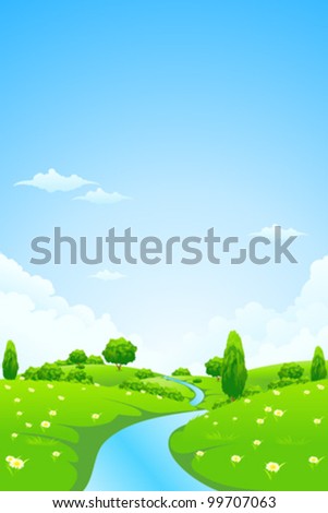 Green Vector Landscape with flowers trees clouds and river