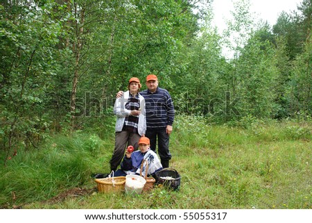 Family gathering mushrooms in the Estonian forest