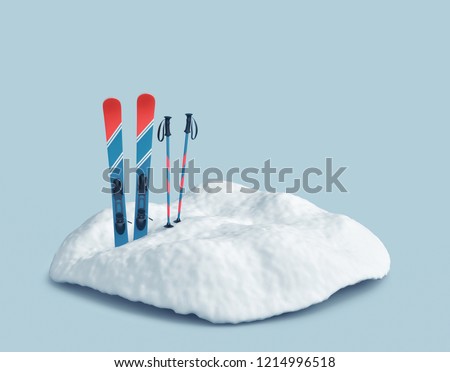 Ski in snow on blue background. Winter holidays and skiing concept. 3D rendering